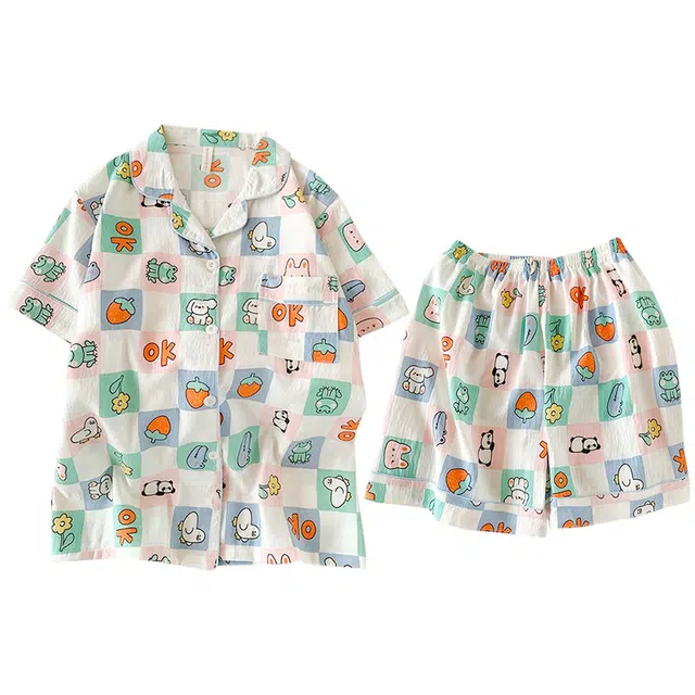 俏韵 翻领卡通夏季云朵棉印花短袖短裤可爱甜美家居服可外穿睡衣套装 女款