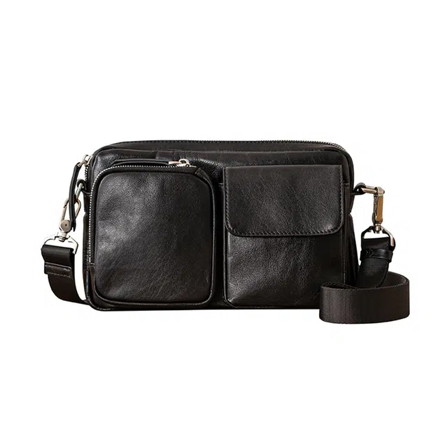 后步 小众设计通勤轻便骑行 牛皮 单肩包 中号 男女同款情侣款 黑色