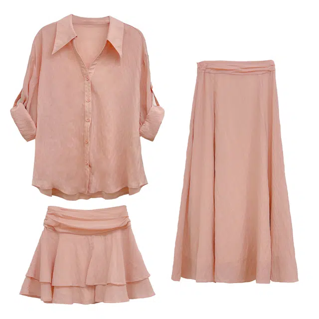 米米子 柚见晴天粉色衬衫花朵裙摆两件套夏季泡泡袖衬衫高腰裙装套装 女款