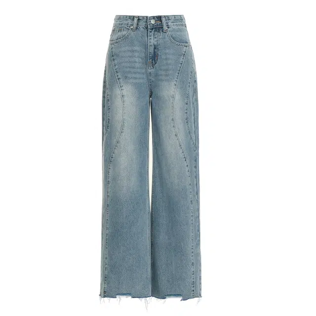 拾籍 时尚潮流高腰设计毛边装饰弯刀显瘦阔腿裤女辣妹街头百搭宽松舒适简约牛仔裤 女款