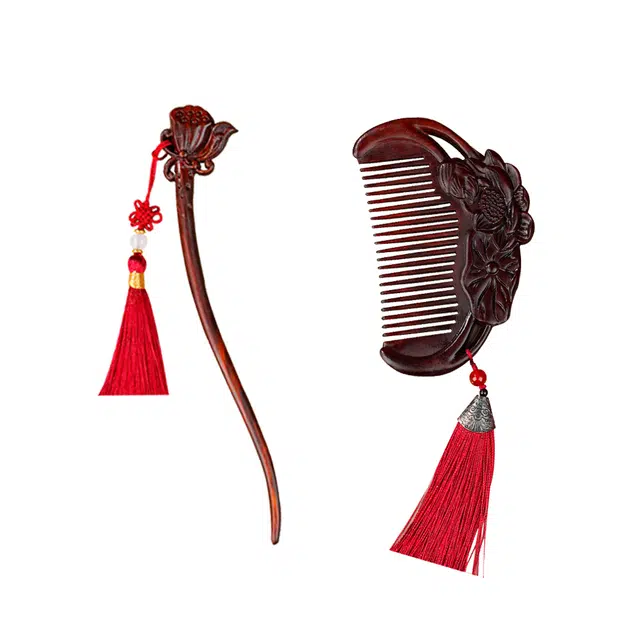 天纵 新中式国风高档精致梳礼套装 精雕荷花半月梳搭配发簪礼盒 一梳皆顺 白首不离  古风汉服穿搭婚庆佳品 血檀 木梳 男女同款情侣款