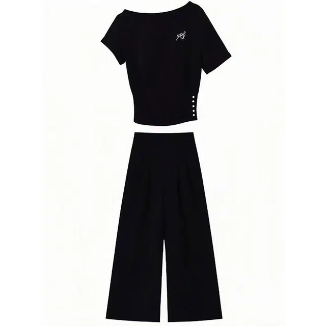 爱肯 夏季 美式韩系风格时尚百搭短款绝美设计感上衣高街宽松舒适慵懒感长裤辣妹学院风显瘦两件套休闲运动套装 男女同款