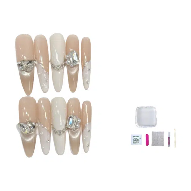 几多萌 可可奶芙 纯手工穿戴甲高级纯欲感微笑美甲锆石钻  长方裸色纯色 纯欲