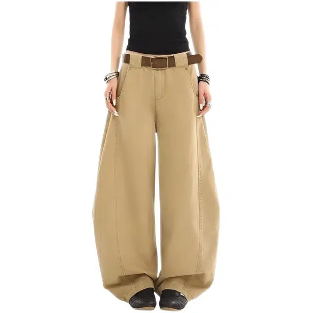 天才小熊 潮流时尚宽松休闲弯刀阔腿裤拼接小众设计感裤子牛仔裤 女款