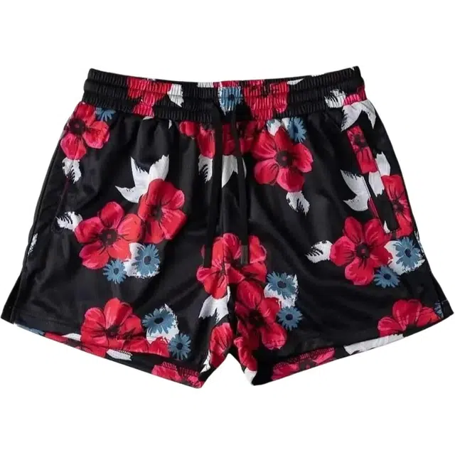 爱肯 复古玫瑰独特满印设计宽松舒适网眼速干透气中腰系带三分裤运动直筒日常百搭轻薄凉感休闲短裤 男女同款