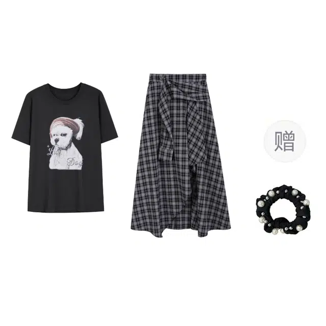 雾闪闪 夏季大码撒野短袖格子半裙裙装套装 女款