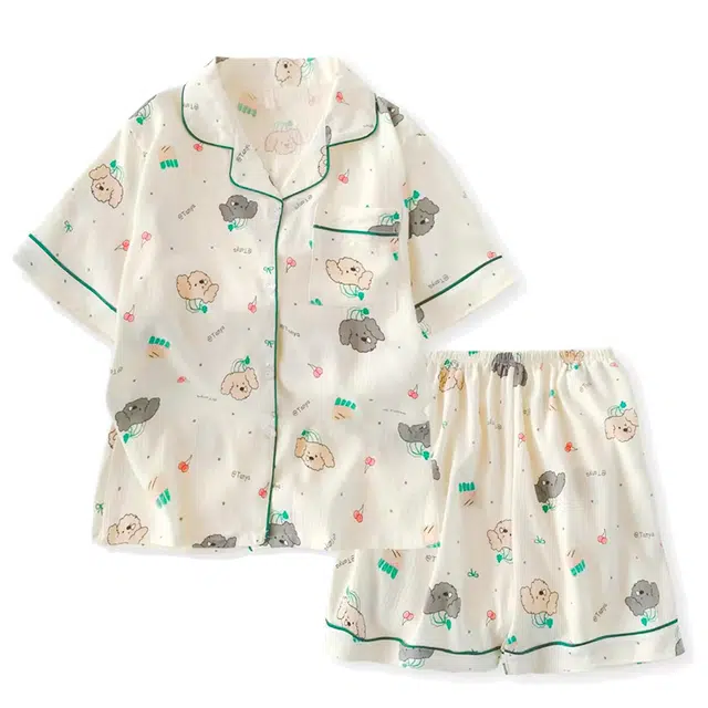 俏韵 翻领卡通夏季云朵棉印花开衫短袖短裤甜美可爱家居服可外穿睡衣套装 女款