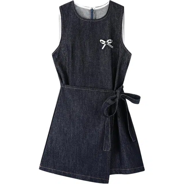 如续 时尚复古气质蝴蝶结绑带夏季背心裙无袖连衣裙 女款