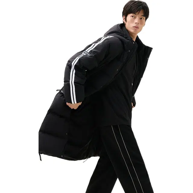 太平鸟 过膝长款连帽时尚条纹外观散口内里收口羽绒服 男女同款