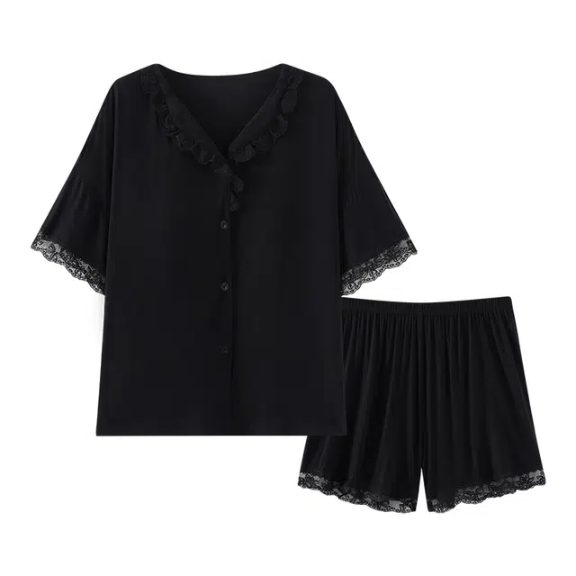 欧诗帛 夏季韩版带胸垫女士莫代尔冰丝凉感短袖可外穿宽松家居服睡衣套装 女款