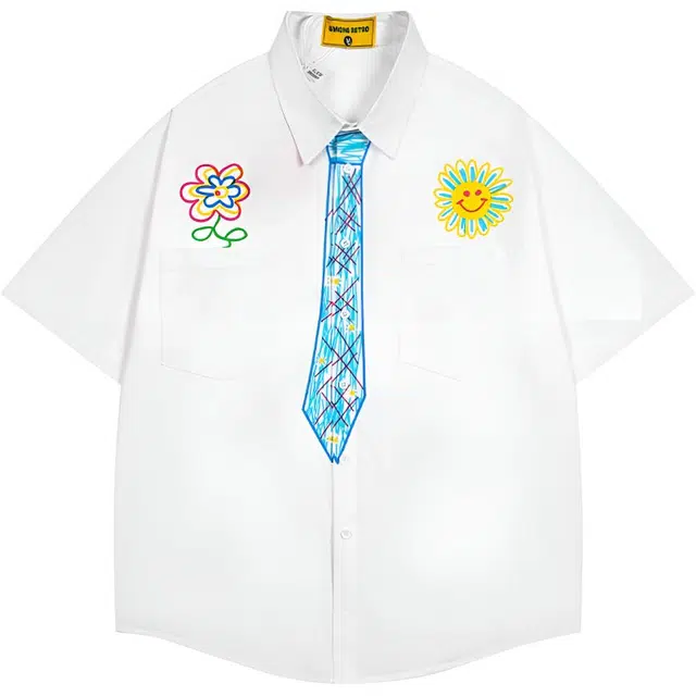 沐诚阳译 创意设计感蜡笔手绘领带趣味学院风短袖衬衫 男款