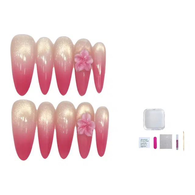 几多萌 辣妹玫红法式玻璃猫眼美甲片可拆卸立体雕花穿戴甲纯手工  尖型玫红渐变 渐变