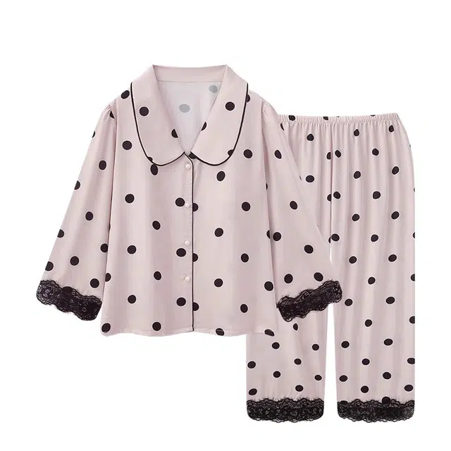 俏韵 翻领波点高级感冰丝绸长袖夏季甜美春秋家居服可外穿睡衣套装 女款