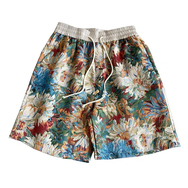 拓菲 夏威夷花卉扎染针织男夏季痞帅高级感冰丝沙滩裤直筒五分裤休闲短裤 男女同款