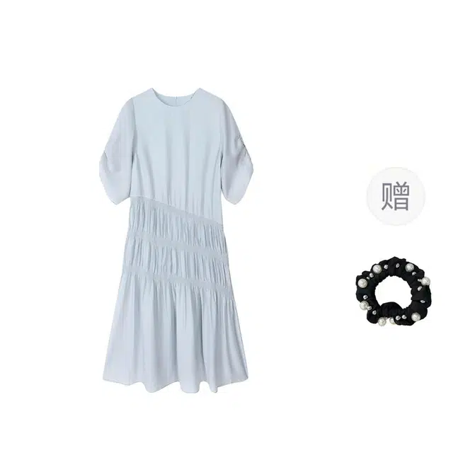 雾闪闪 不规则泡泡袖遮肉显瘦仙女纯色圆领中长款高腰短袖连衣裙 女款