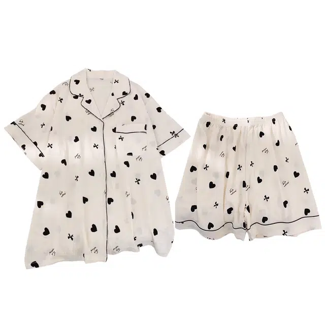俏韵 翻领夏季云朵棉印花开衫短袖短裤甜美可爱家居服可外穿睡衣套装 女款