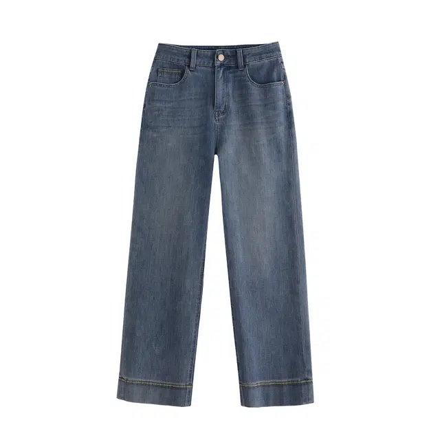 花栗鼠小姐 时尚复古直腿比例裤夏季小个子宽松休闲直筒裤高腰长裤简约微弹牛仔裤 女款