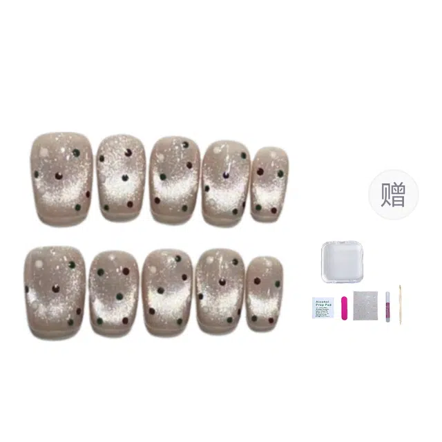 几多萌 小魔珠 手工美甲穿戴甲可爱风灯泡猫眼高级氛围感波点假指甲片  短方圆裸色裸色 猫眼