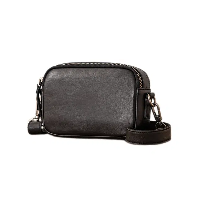 后步 简约纯色商务百搭 牛皮 斜挎单肩包 小号 男款 黑色