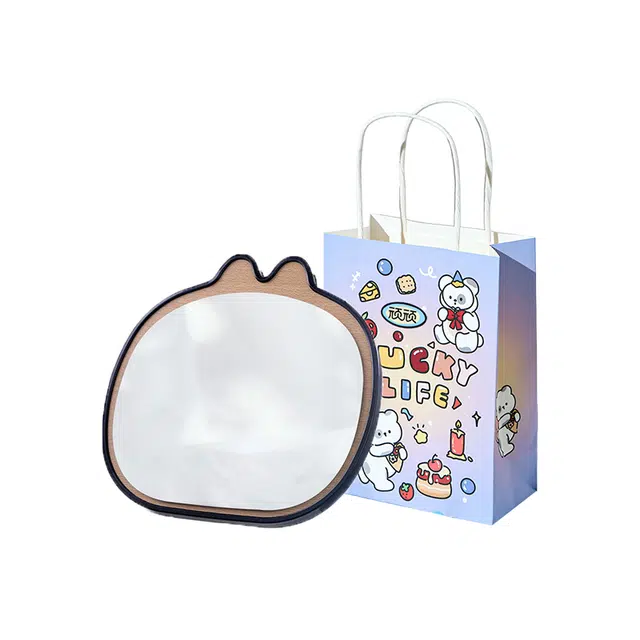 顽顽 木质化妆镜金属包边桌面折叠随身镜子卡通动物美妆补妆公主镜