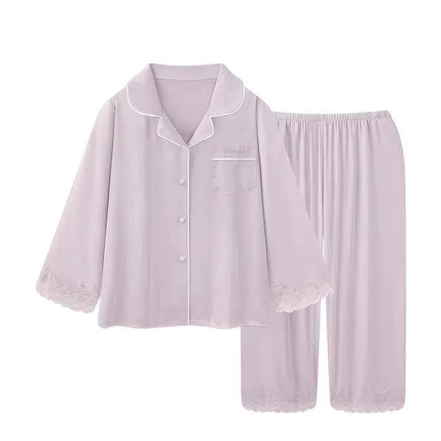 俏韵 翻领凉感冰丝绸长袖长裤春秋夏季高级感薄款家居服可外穿睡衣套装 女款