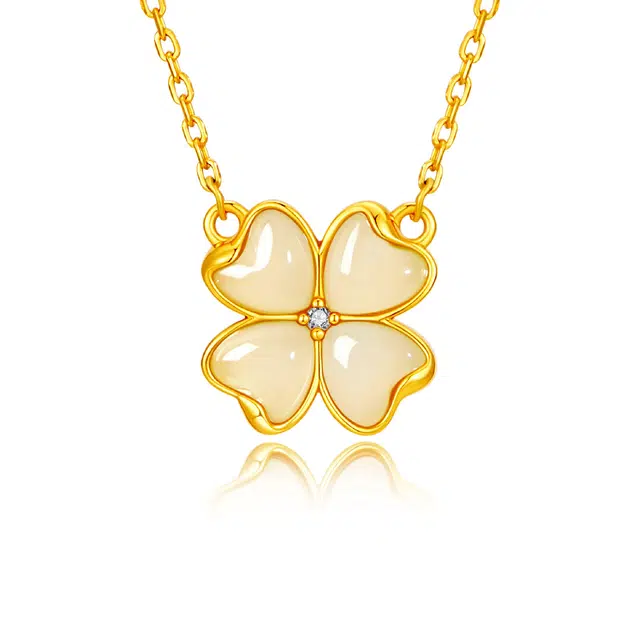 中国黄金 珍·尚银 玉见四叶草 幸运 新中式古风国潮锁骨链 小众轻奢 通勤 项链 青玉 女款