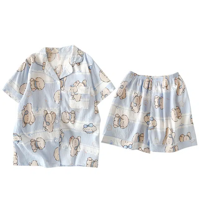 俏韵 翻领卡通夏季云朵棉短袖短裤可爱甜美薄款家居服可外穿睡衣套装 女款