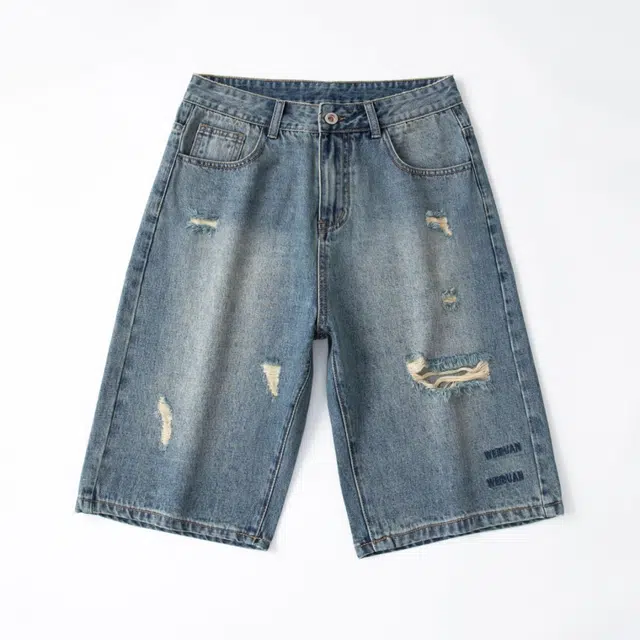 法文箱子 美式复古痞帅破洞宽松街头大码中裤夏季款五分裤子牛仔短裤 男款