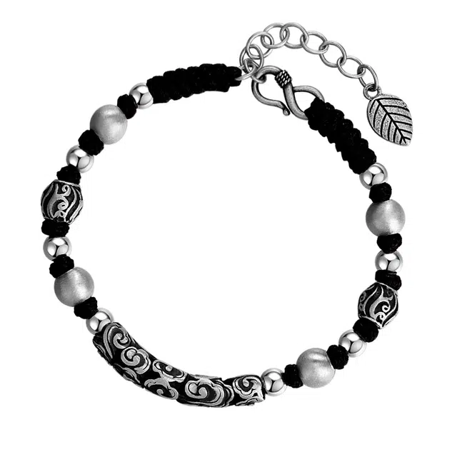 中国黄金 珍·尚银 新中式国潮祥云纹平安喜乐 小众轻奢设计 复古民族风手绳潮流转运珠百搭简约 足银 手链 男款 礼盒