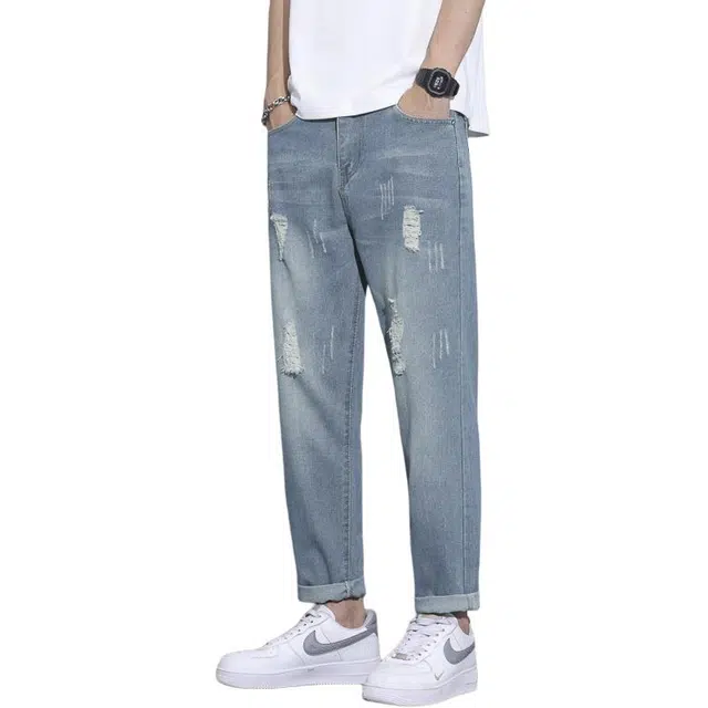 么宁 美式复古水洗九分裤薄款潮牌宽松直筒简约百搭舒适透气牛仔裤 男女同款