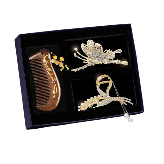 妖娆猫 发夹头饰  高端鲨鱼夹檀发饰梳子套装女士 合金 木梳礼盒 女款