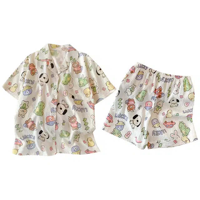 俏韵 翻领卡通夏季款云朵棉印花开衫短袖短裤甜美可爱家居服可外穿睡衣套装 女款