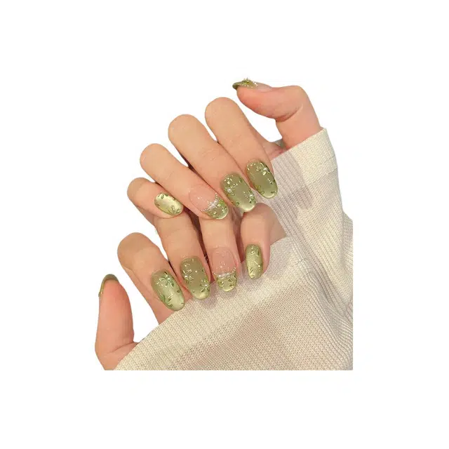 凡泽 春意盎然手绘花  穿戴甲 椭圆绿色渐变 猫眼