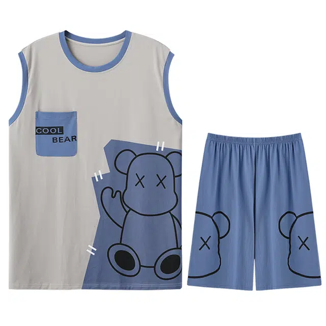 向薇 莫代尔男士夏季天无袖薄款背心短裤青少年男生家居服睡衣套装 男款