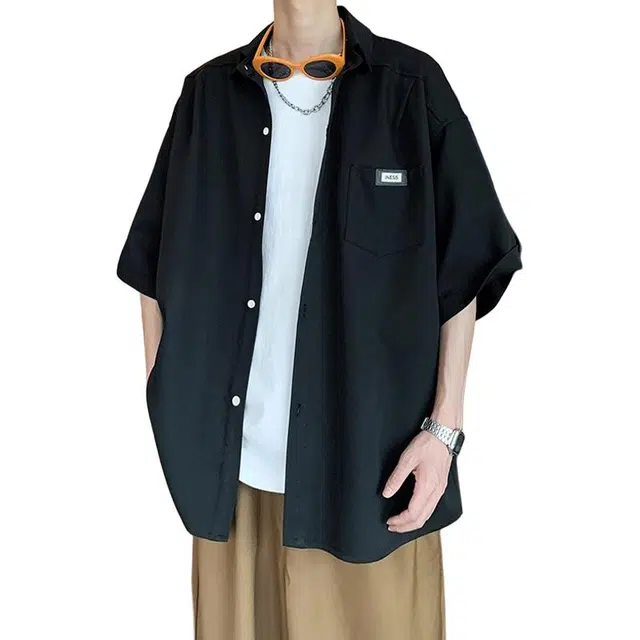 加荣 日系透气速干垂感短袖薄款宽松休闲衬衫 男女同款