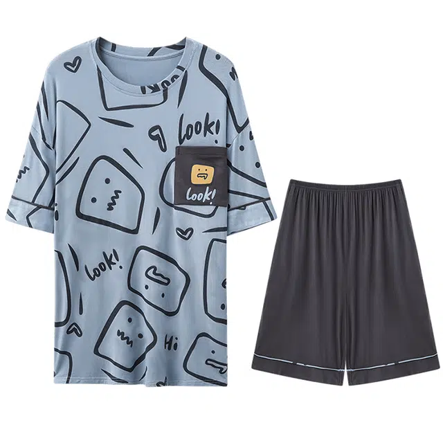 向薇 凉感短袖男士夏季莫代尔男夏天家居服青少年睡衣套装 男款