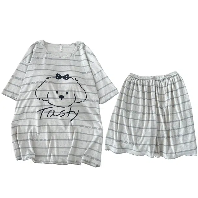 俏韵 圆领夏季冰丝螺纹凉感带胸垫短袖短裤两件套家居服可外穿睡衣套装 女款