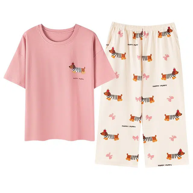 俏韵 圆领夏季仿棉印花带胸垫短袖甜美可爱家居服可外穿睡衣套装 女款