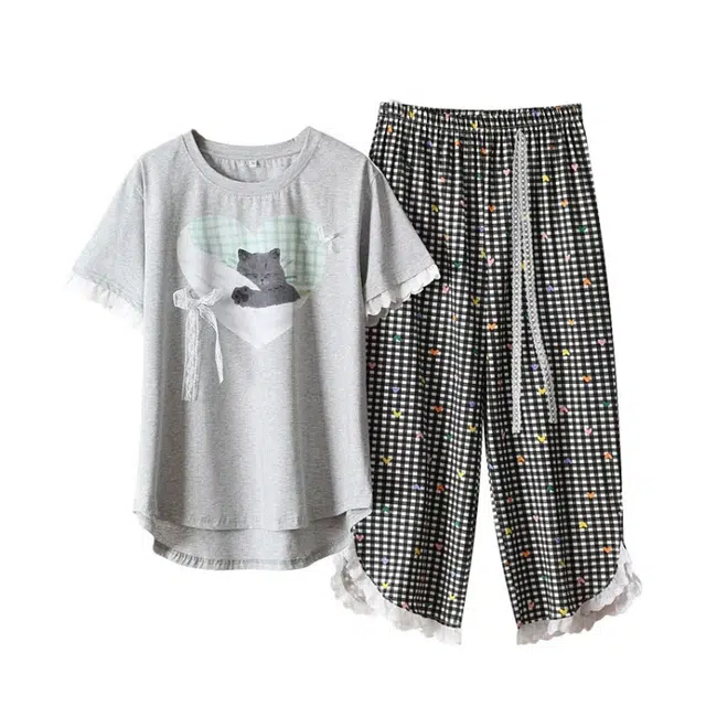 俏韵 圆领夏季仿棉印花开衫短袖甜美可爱家居服可外穿睡衣套装 女款