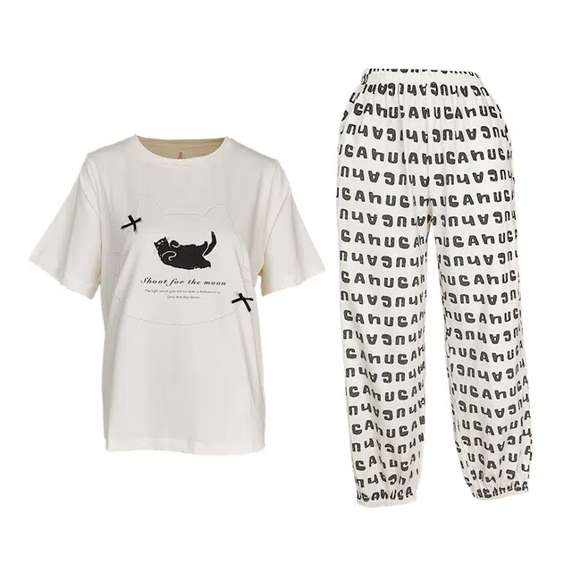 芬腾 女士夏季薄款家居服可爱卡通套头短袖长裤可外穿甜美少女睡衣套装 女款