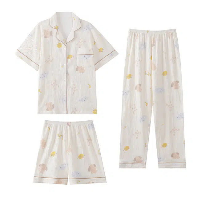 俞兆林 简约卡通开衫翻领柔软透气纯棉短袖长裤三件套可爱少女休闲家居服睡衣套装 夏季 女款