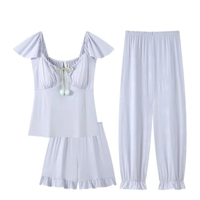 俏韵 圆领夏季款带胸垫短袖三件套甜美可爱夏天薄款家居服可外穿睡衣套装 女款