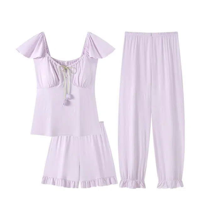 俏韵 圆领夏季短袖三件套甜美可爱夏天薄款家居服可外穿睡衣套装 女款