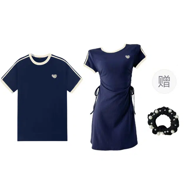 雾闪闪 美式圆领上衣短袖连衣裙小众设计高级感情侣套装