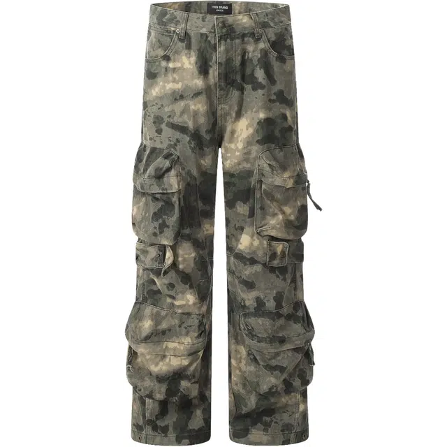 爱肯 高街潮流复古迷雾蔓延多口袋设计感宽松舒适时尚个性迷彩简约百搭日常通勤休闲裤 男女同款