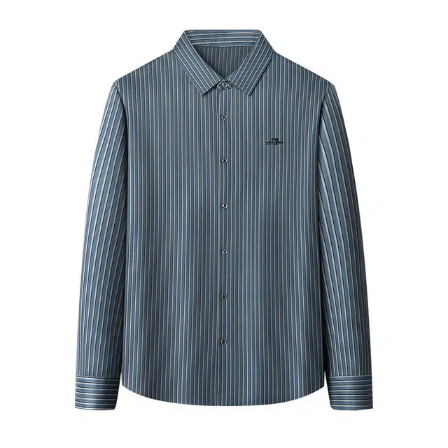 老爷车 春秋季条纹透气长袖翻领休闲弹力衬衫 男款