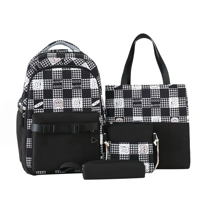 南潇湘 涂鸦小熊精美机能通勤旅行小清新轻便高颜值大容量初中高中大学生上课百搭书包 尼龙 组合装 女款 黑色/紫色/粉色/蓝色