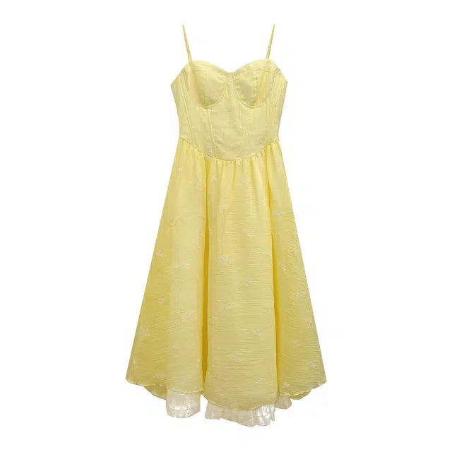 米米子 黄玫礼赞甜美无袖套头高腰纯色公主裙吊带连衣裙 女款