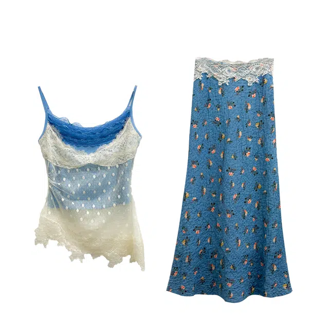 米米子 绮夜汀兰甜美别致碎花长袖圆领长裤裙装套装 女款