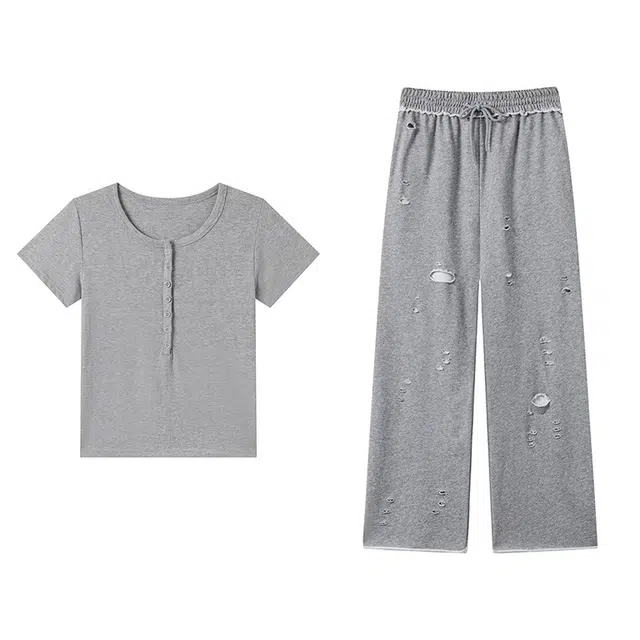 古莲菲 韩系修身拼接短袖破洞阔腿裤休闲套装 女款